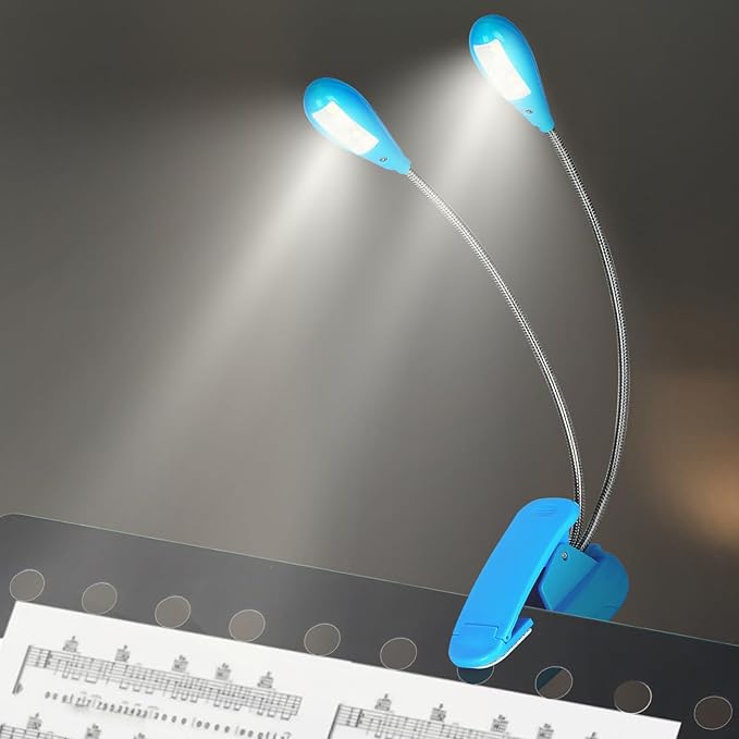 Music Stand Light, Clip on LED Book Lights, USB and AAA Battery Operated, Reading Lamp in Bed, 4 Brightness Levels, Ideal for Musician, Piano Player, Travel (Dual Arm, Blue)