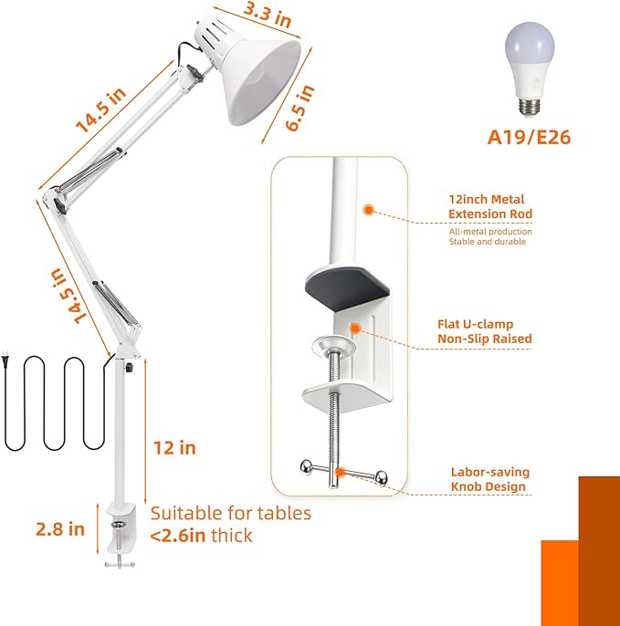 LED Desk Lamp With Clamp for Office Home, Eye-Caring Clip on Light with Adjustable Extra Tall Metal Swing Arm, High Intensity Clamp w/A19 E26 Bulb for Working Reading, 3000k Table Lamps Warm Light