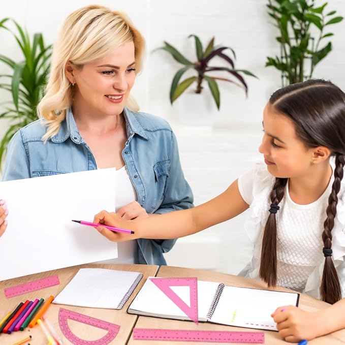 Plastic Clear Ruler Math Set, 6" | 12" Straight Ruler Protractor, 2 Protractors 180 Degree 2 Triangle Rulers 45 | 60 Degree 2 Straight Rulers Measuring Tool for School Office Home Supplie,Pink