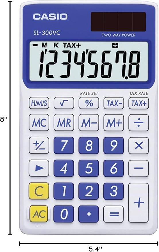 Casio SL-300VC, Solar Powered Standard Function Calculator, Blue