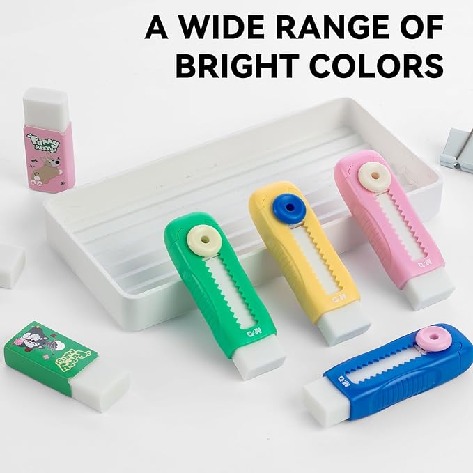 M&G 1+1 Pack Blue Sliding Retractable Cute Eraser Set, Refillable Soft Large Rubber Eraser with Sleeve for Kids Students School Office Supplies