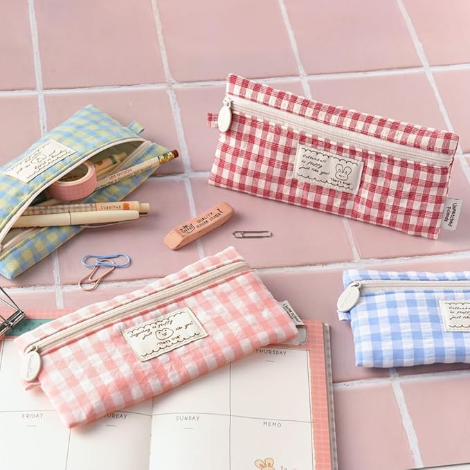 Monolike_Fabric/Cushion Pencil case (Unmatched Friends Fabric Check Pencil Case, Red)