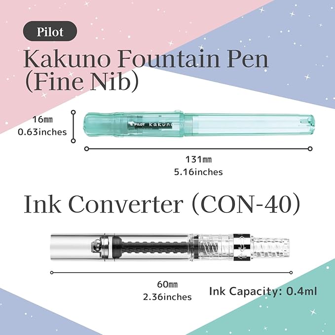 Fountain Pen Set CON-40 Converter & Kakuno Fine Nib with Black Ink Cartridge & Sticky Notes – Refillable Ink System, For Beginners, Calligraphy (Green FKA-1SR-KBOG-F)