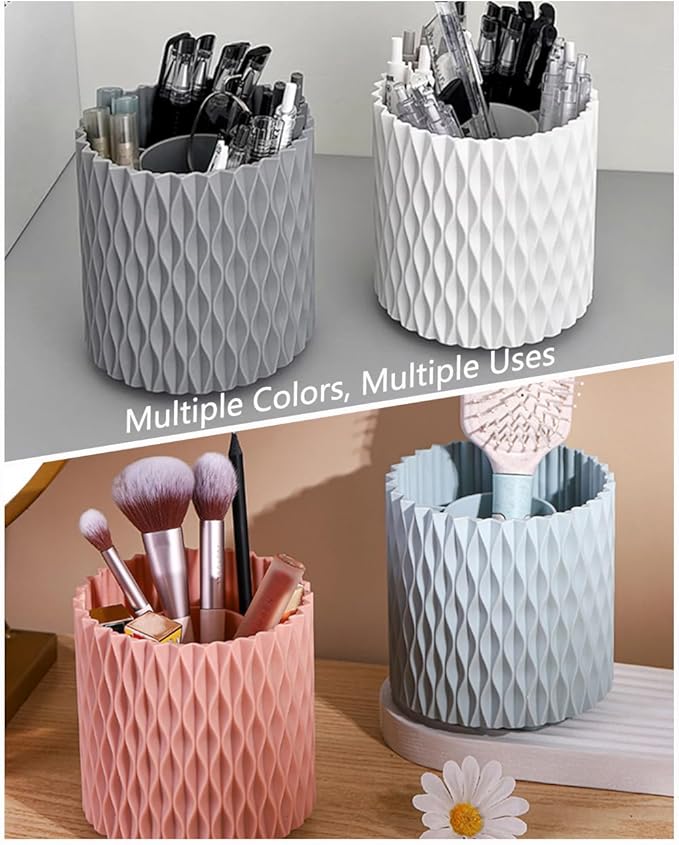 Lebenrich Rotating Pen Pencil Holder for Desk, 5 Slots Unique Grey Desk Pen Organizer Easthetic Desktop Supplies and Accessories for Women Girls, Pen Cup Pencil Caddy for Office Home Art Supply