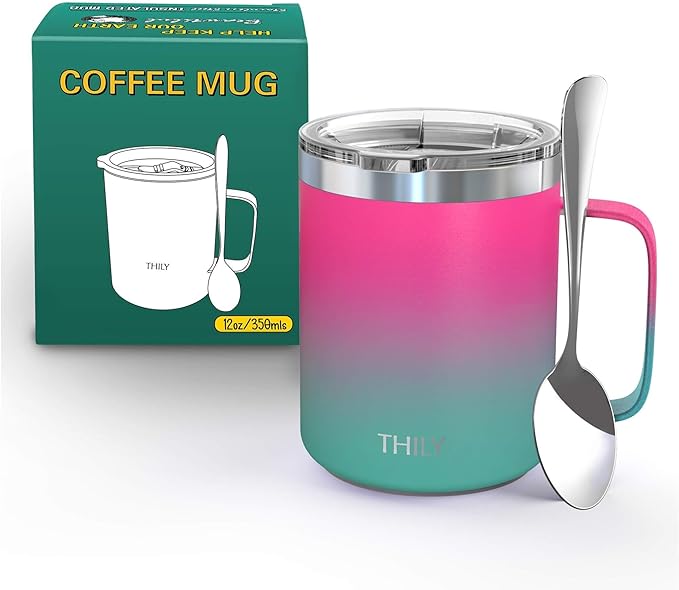THILY Stainless Steel Insulated Travel Mug 12 oz Vacuum Insulated Coffee Cup with Handle, Spill-proof Lid, Keep Coffee Cold or Hot Hours, Pink & Green