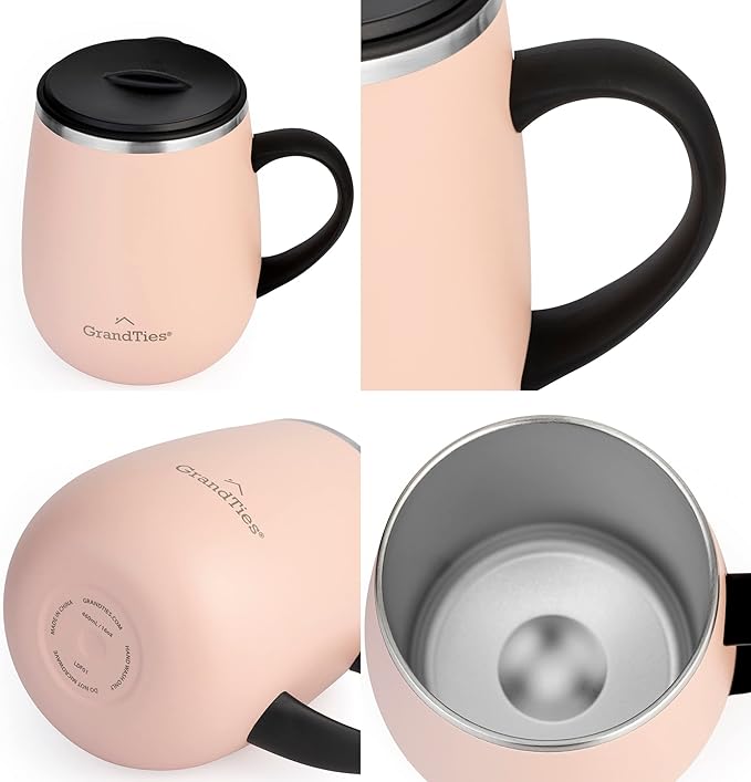 GRANDTIES Insulated Coffee Mug with Handle - Sliding Lid for Splash-Proof 16 oz Wine-Glass Shape Thermal Tumbler with Double Walled Vacuum Stainless Steel to Keeps Beverages Hot or Cold (Peach Crème)