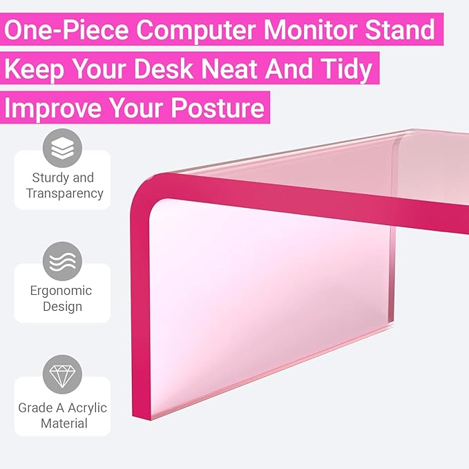Ergonomic Acrylic Monitor Stand with Storage - Bright Pink Desktop Organizer for Back Pain Relief & Space Saving, Stylish & Modern Desktop Organizer(Home/Office Use)