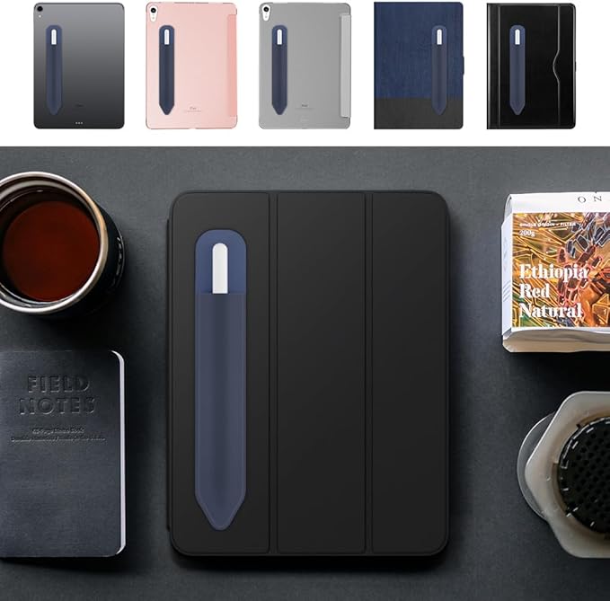 MoKo Pencil Holder Sticker Fit Apple Pencil Pro, iPencil USB-C, Apple Pencil 1st/2nd Generation, Elastic Pencil Pocket Pouch Adhesive Sleeve Attached to iPad Case for Stylus Pens, Navy+Sky Blue