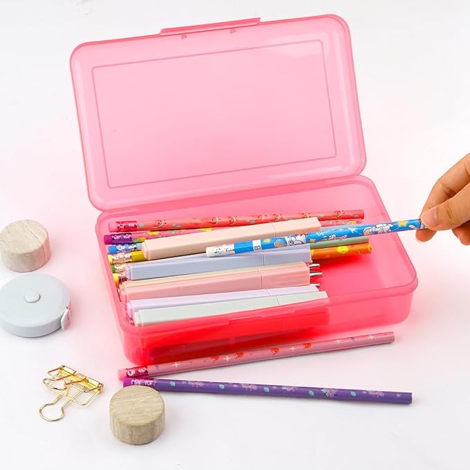 Pencil Box, Plastic Clear Pencil Case, 1 Pack Large Capacity Hard Pencil Case, Clear Crayon Box with Snap-tight Lid Stackable Design, Plastic Storage Box for Office Supplies, Pink Style 2