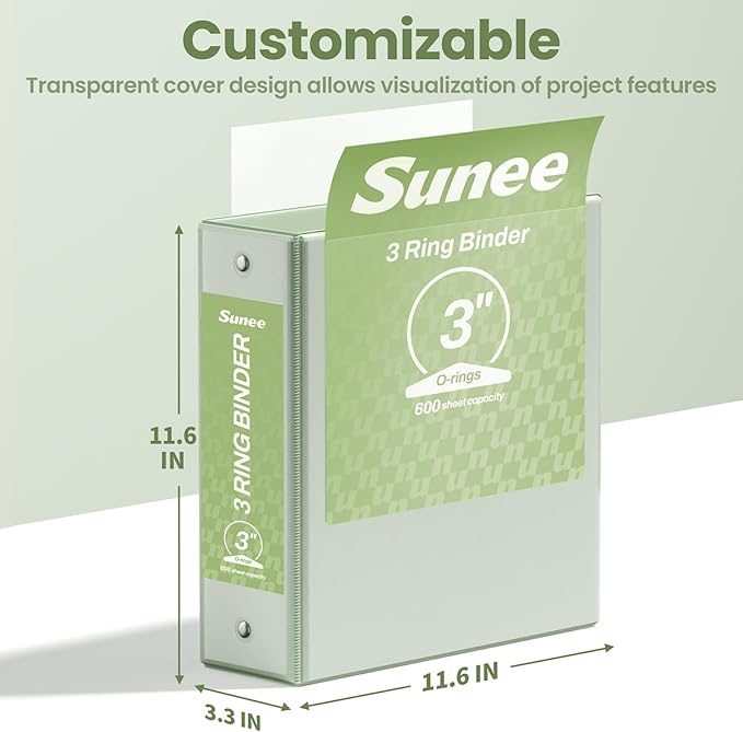 SUNEE 3 Ring Binder 3 Inch 2 Pack, Clear View Three Ring PVC-Free (Fit 8.5x11 Inches) for School or Office Supplies, Sage Green