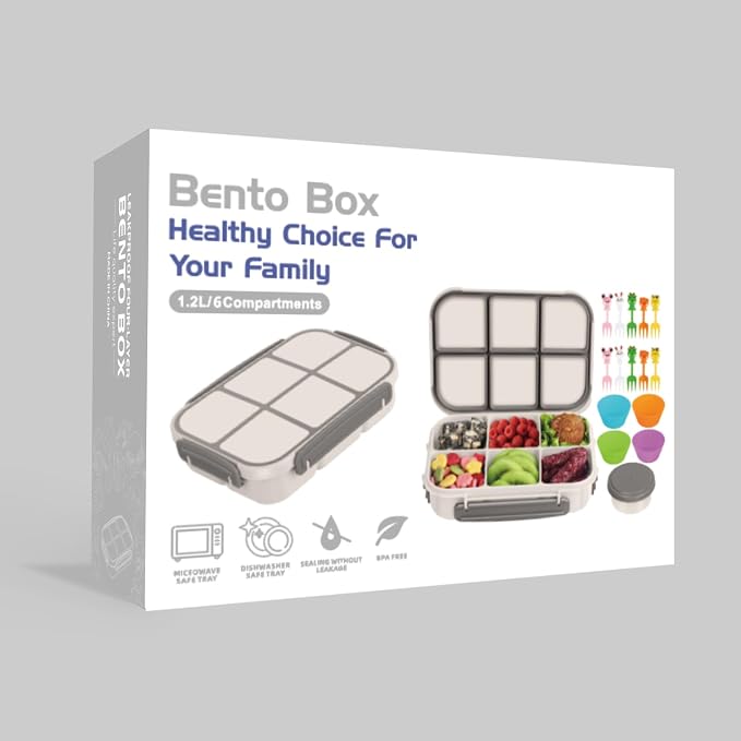 Amathley Lunch Box Kids Girls Boys,Bento Box Adult,Toddler Lunch Containers for School,Leakproof Snack Containers with 6 Compartments,Sauce Container,10 Food Picks and 4 Muffin Cups (White)