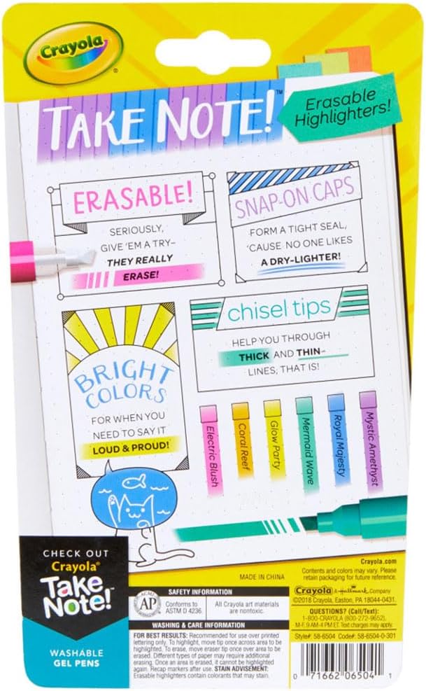 Crayola Take Note Erasable Highlighters (6ct), Teacher Essentials, Cute Aesthetic School Supplies, No Bleed Highlighters, Chisel Tip Marker Set