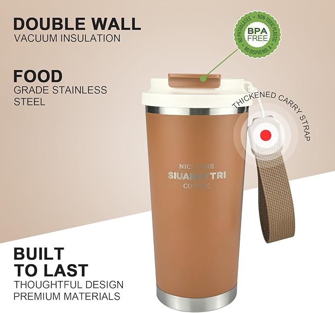 20oz Tumbler Stainless Steel Vacuum Insulated Coffee Travel Mug Reusable Iced Coffee Cup Hot Coffee Travel Mug with lid and straw Cupholder Friendly Leak-Proof BPA Free (Brown)