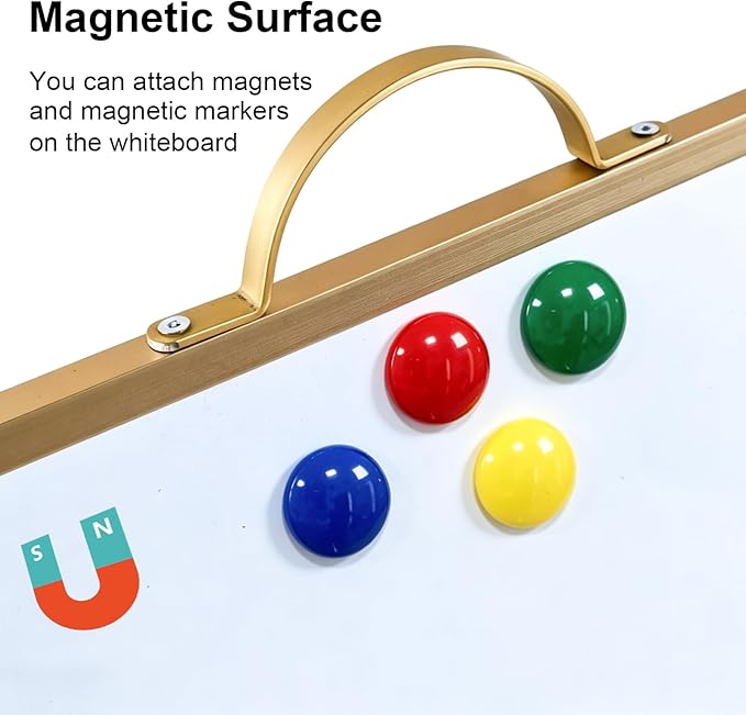 Small White Board,16"X12"Portable Aluminum Frame Whiteboard, Magnetic Double Sided Dry Erase Board, with A Handle and Side Pen Clip,for Office, Home,School,Includ 4 Magnets,1 Eraser,1 Marker (Gold)