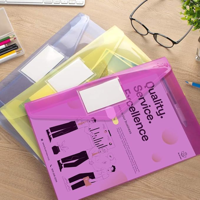 Sooez 10 Pack File Folders, Clear Poly Envelopes Plastic Folders, Folder for Documents Letter A4 Size with Label Pocket, Teacher School Office Supplies Organization Storage, Assorted Color