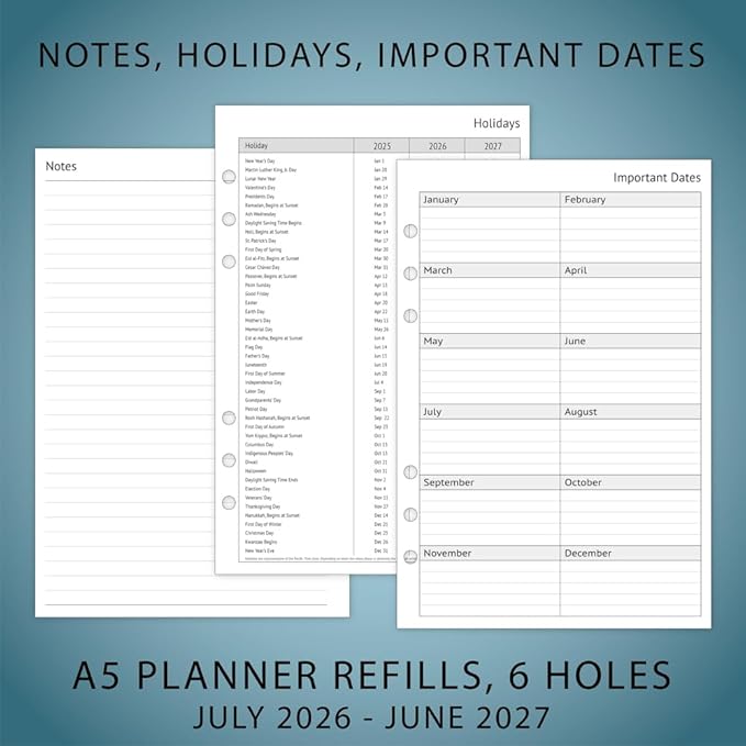 newestor 2026-2027 A5 Planner Inserts, Filofax A5 Compatible, Jul 2026 - Jun 2027, Weekly and Monthly Appointment Book Pages, Tabbed, 6 Holes