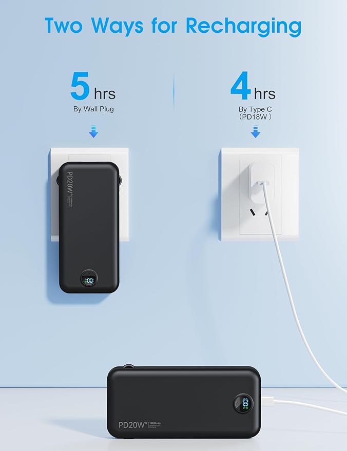 citicr Portable Charger, 10000mAh PD20W Fast Charging Power Bank with Built-in Cables & Wall Plug, External Battery with LED Display, Travel Battery Bank for iPhone, iPad, Samsung Matte Black