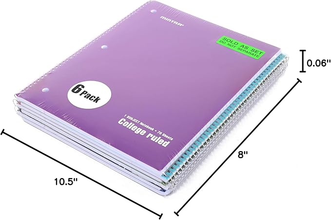 Mintra Office Spiral Notebooks, Wirebound, Journals for School, Work, Business, Aesthetic Stationery, Writing Pads, Teacher & Student Supplies (6, Solid Color, College)