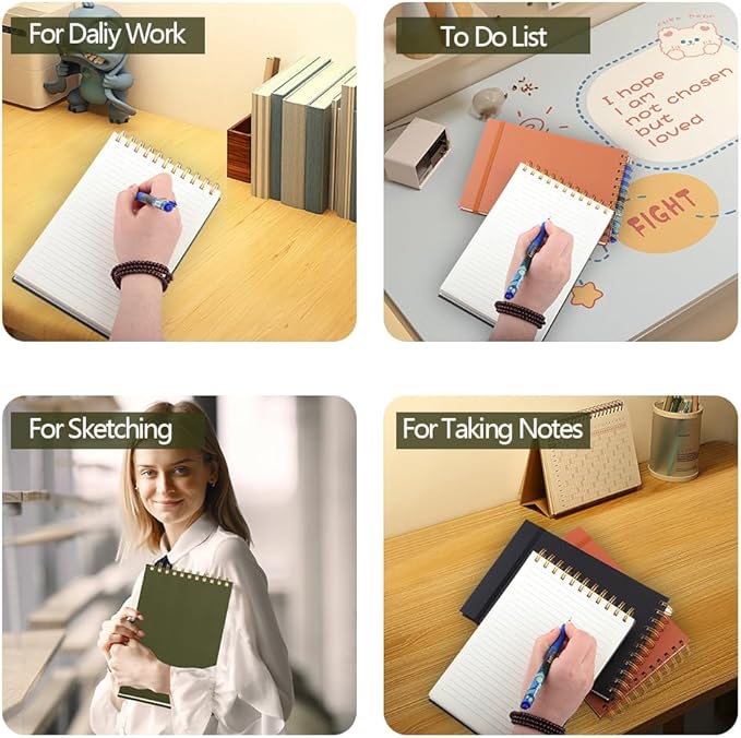 4 Pack Thick Superhard Cover A5 Top Spiral Notebook,Top Bound Notebooks Steno Notebooks 4x160 Pages, Inner Pocket College Ruled, Hardcover Steno Pads, Left-Handed Spiral Notepads for Work back to school supplies