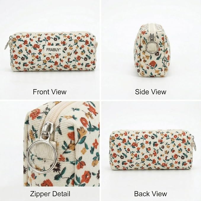 Soft Corduroy Pencil Case Pen Pouch Organizer, Small Stationery Bag | Off-white small floralpencil pouch, smooth zipper, daily cosmetics holder, compact organizer for school teen girls, women