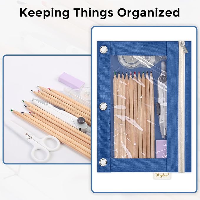 SKYDUE Pencil Pouch for 3 Ring Binder, 9.8" x 7.3" Clear Window Pencil Bag | Zipper Pencil Pouches for Girls Boys, Pencil Pouch with 3 Reinforced Grommets, Durable Organizer for School Supplies