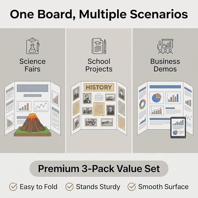 Trifold Poster Board, 24" x 16", White Corrugated Project Boards for Science Fairs, Event Displays, and Business Presentations, School Projects, 3-Pack