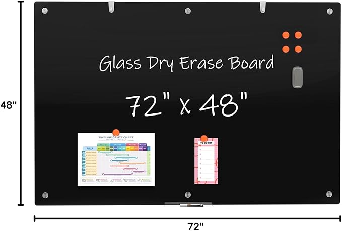 Large Black Glass Dry Erase Board, 72 x 48 Inches Magnetic Glass whiteboard,6' x 4' Frameless Blackboard for Office,Home,School