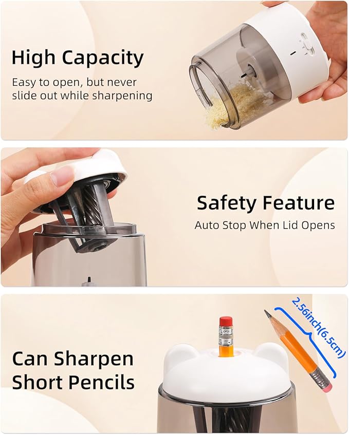 ZMOL Colored Pencil Sharpener, Rechargeable Electric Pencil Sharpener, Auto Stop, Pencil Sharpeners for Battery Powered Cute for Kids Gift No.2/Colored Pencils (6-8mm), Classroom/Office/Home White