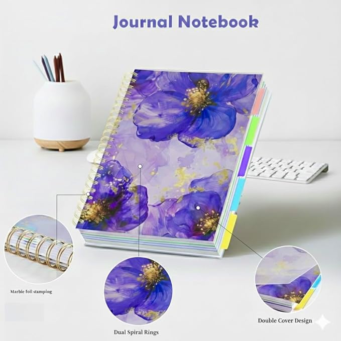 5 Subject Notebook for Work with Removable Dividers Tabs, Large 8.5" x 11 Spiral Lined Notebooks for School Note Taking & Organizer, A4 240 Pages College Ruled Journal for Women & Writing, Purple Floral