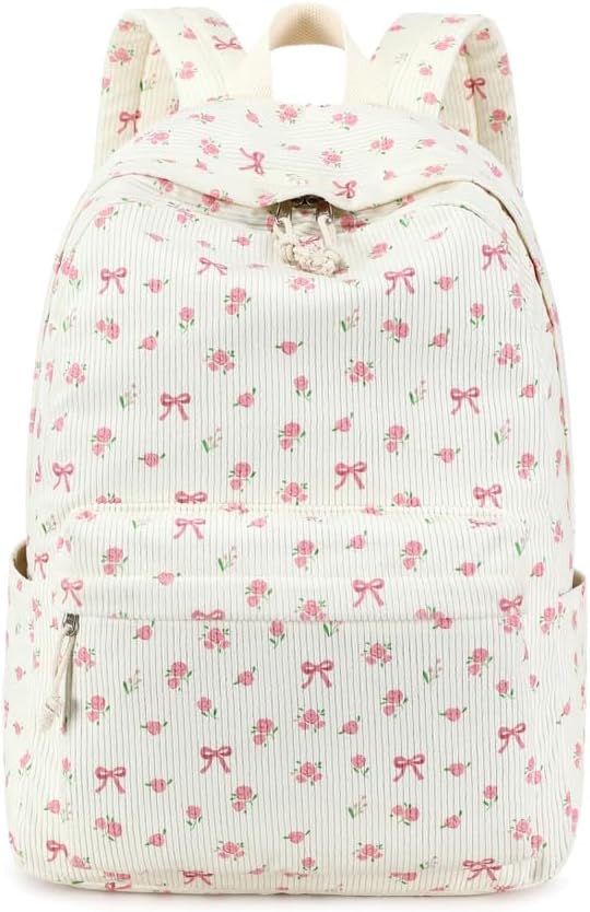 BTOOP School Backpack for Girls Teens Large Corduroy Bookbag Lightweight 15.6 inch Laptop Bag for Women Casual High School College (Pink Bow Floral)