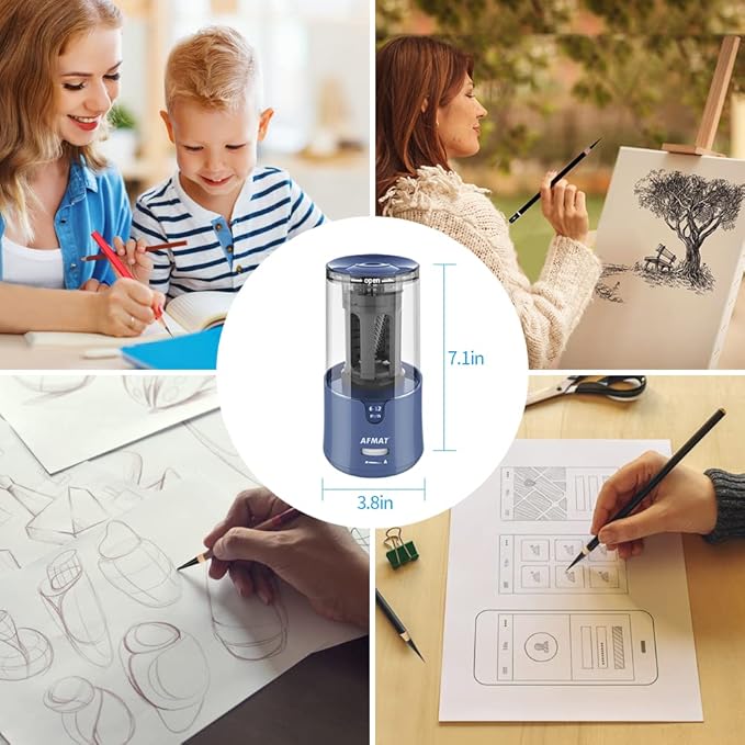 AFMAT Electric Long Point Pencil Sharpener for Artist, Auto Stop & Fast Sharpening, 8-17mm Super Long Point, Artist Pencil Sharpener Plug in for φ6-12mm Charcoal/Drawing/Sketching/Colored Pencils