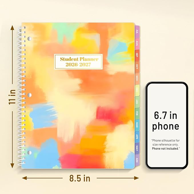 Student Planner 2026-2027, SUNEE Middle or High School Student Planner for Academic Year Jul. 2026 - Jun. 2027, 8.5"×11" Lesson Plan Book with 3-Hole Punched, Bookmark, Planning Stickers, Pastel Draw