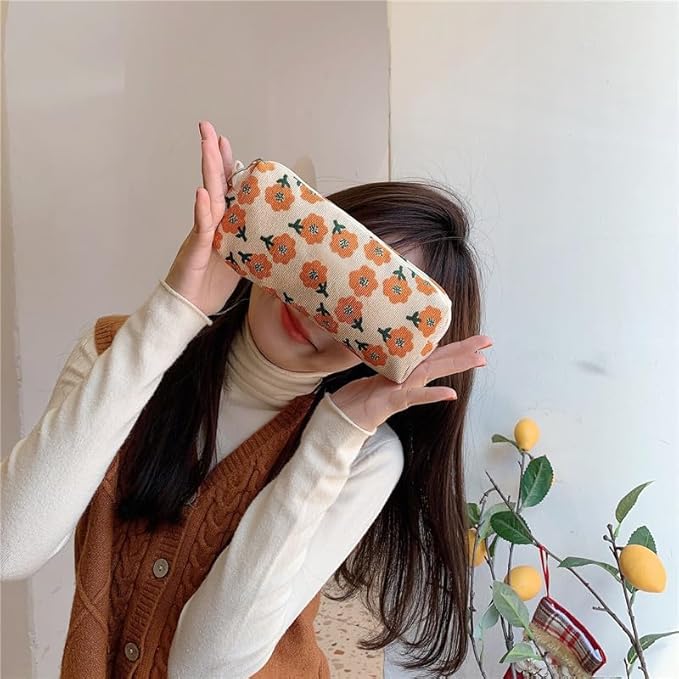 Cute Pencil Case Aesthetic Student Pencil Pouch Coin Pen Pouch Cosmetic Bag Office Stationery Organizer For Kids Teen School (Flowers-L)