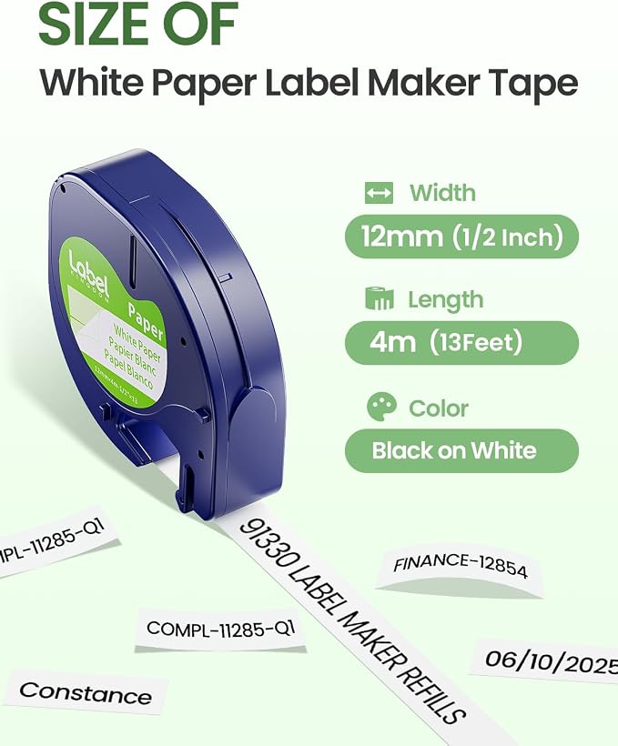 Compatible with Dymo Letratag Refills 91330 White Paper Label Maker Tape | Replacement for Dymo Label Maker LT-100H 100T Plus 200B Refills, 5-Pack Label KINGDOM 12mm x 4m (1/2" x 13') White Paper