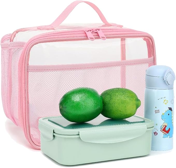GYEUKHAM Insulated Lunch Box for School, Thermal Reusable Durable Freezable Lunch Bags for Kids Boys Girls Men Women - Small Soft Cooler Portable Lunch Tote Kit for Work Picnic Travel,Clear Pink