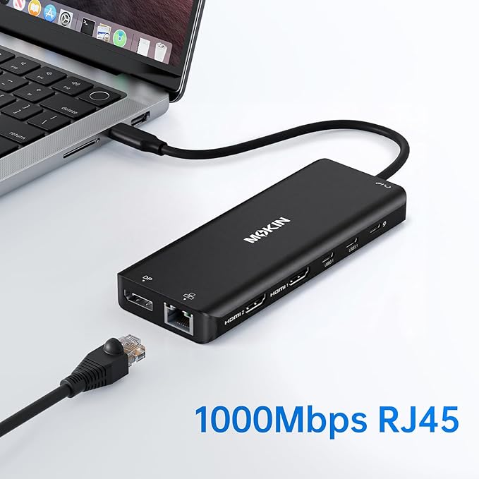 USB C Laptop Docking Station Dual Monitor Dual HDMI 4K DP Triple Display Hub, 13 in 1 MOKiN USB C Hub with 3 Monitors, DisplayPort, USB 3.1, RJ45, 100W PD, Card Reader, Audio/Mic, for Dell HP, Black