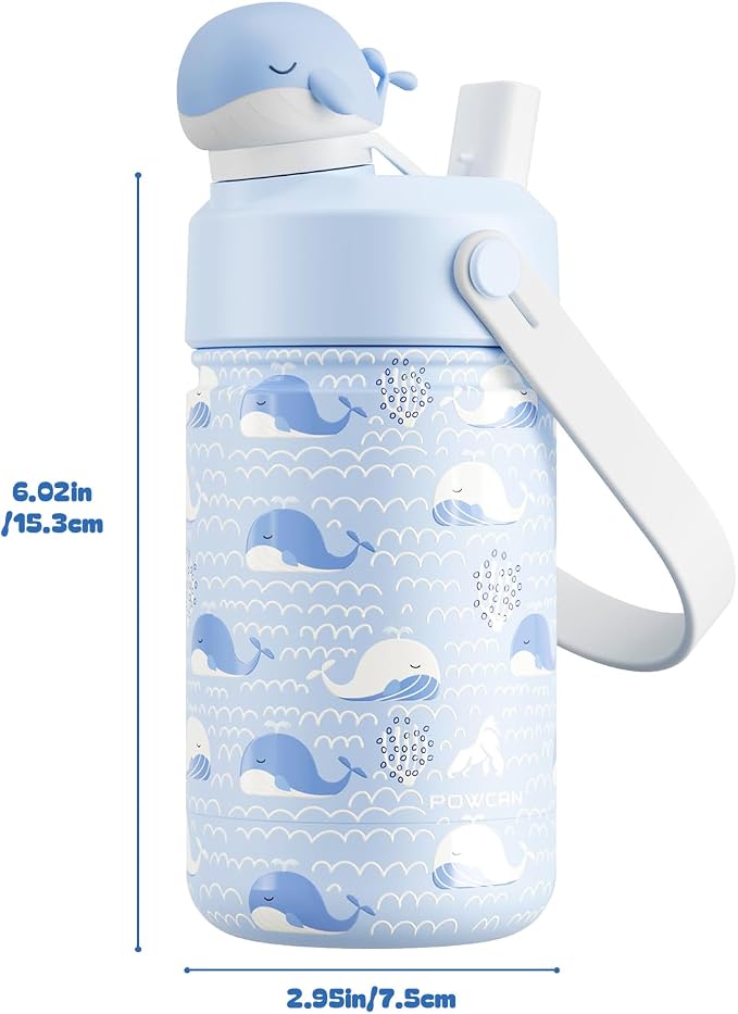 POWCAN 12 oz Kids Water Bottle for School: 2-in-1 Straw Spout Lid with Soft Animal Head, Leakproof, Backpack Friendly, Keep Cold 24H, Insulated cup for Sports, Playground, Holiday Gift (Whale Splash)