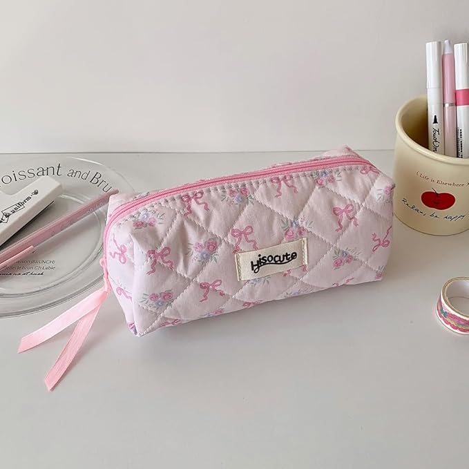 Carry bloom Pencil Pouch Cute Pencil Case for Girls Aesthetic Pencil Bag with Zipper Pen Cases School Supplies Makeup Bag (bow flower pink)