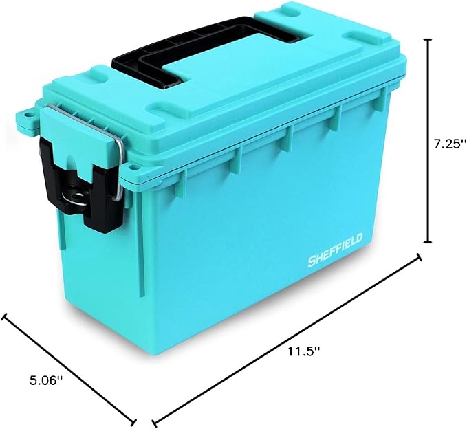 Sheffield 12633 Ammo Storage Box, Stackable .30 Cal Field Boxes, Water and Dust Resistant, Lockable Storage Box with Handle, Secures Hunting Gear, Supplies, and Bullets, Made in USA, Teal,(Pack of 6)
