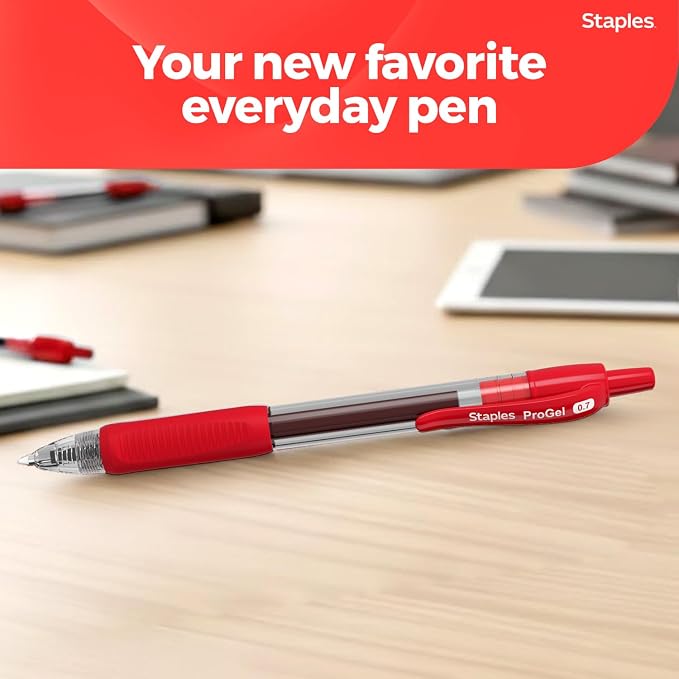 Staples Retractable Gel Pens, Fine Point, Red Ink, 12-Pack | Smooth, quick-dry writing for notes, editing, and everyday office use.