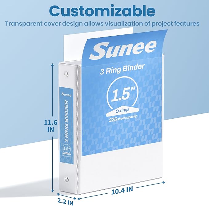 SUNEE 3 Ring Binders 1.5 Inch 10 Pack, Clear View Binders Three Ring PVC-Free (Fit 8.5x11 Inches) for School or Office Supplies, White