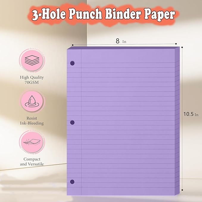 5pcs Colored Loose Leaf Paper 8" x 10.5" College Ruled Notebook Paper Filler Office Sheets Bulk 3 Hole Punched Wide Ruled for 3 Ring Binder, Notebook Paper, Back to School Supplies Papers 250 Sheets