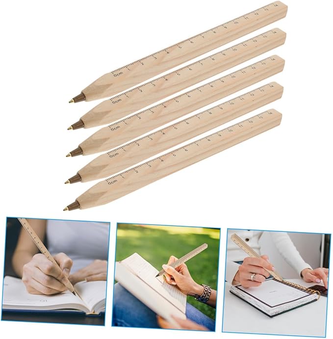 20pcs Natural Biodegradable Wood Ballpoint Pens with Printed Ruler, Black Ink Carpenter Marker Pens for Office, Drafting, and Engineering Use
