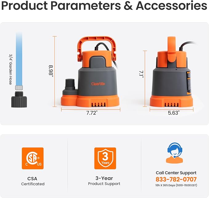 Submersible Utility Water Pump, 2760 GPH Portable Sump Pump with Copper Motor, Plug and Work for Pond, Garden Watering, Pool Transfer, Hot Tub Emptying