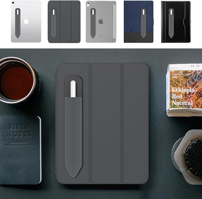 MoKo Pencil Holder Sticker Fit Apple Pencil Pro/ (USB-C)/ 1st/ 2nd Generation, Elastic Pencil Pocket Pouch Adhesive Sleeve Attached to iPad Case for Stylus Pens, 2 Pieces Dark Gray