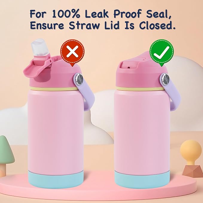 Kerilyn 12oz Kids Water Bottle, Stainless Steel Insulated Water Bottle for Kids, Toddler Cup With Straws Leak-proof, Toddler Water Bottles for School Boys Girls, BPA Free, Pink (Pack of 3)