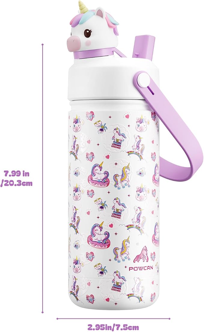 POWCAN Kids Water Bottle for School: 2-in-1 Straw Spout Lid with Soft Animal Head, Leakproof, Backpack Friendly, Keep Cold 24H, Insulated cup for Sports, Trip, Holiday Gift, Unicorn Starland 18 Ounces