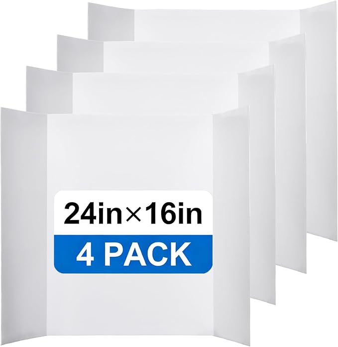 Trifold Poster Board, White Corrugated Presentation Board with Double Sided Tapes, Display Board for School Project, Science Fair (4=24x16)