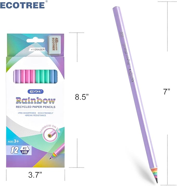 ECOTREE Pre-Sharpened Pencils #2 Eco Rainbow Paper Pencil for Kids Cute Number 2 Pencils with Erasers for School, Writing,12 Count