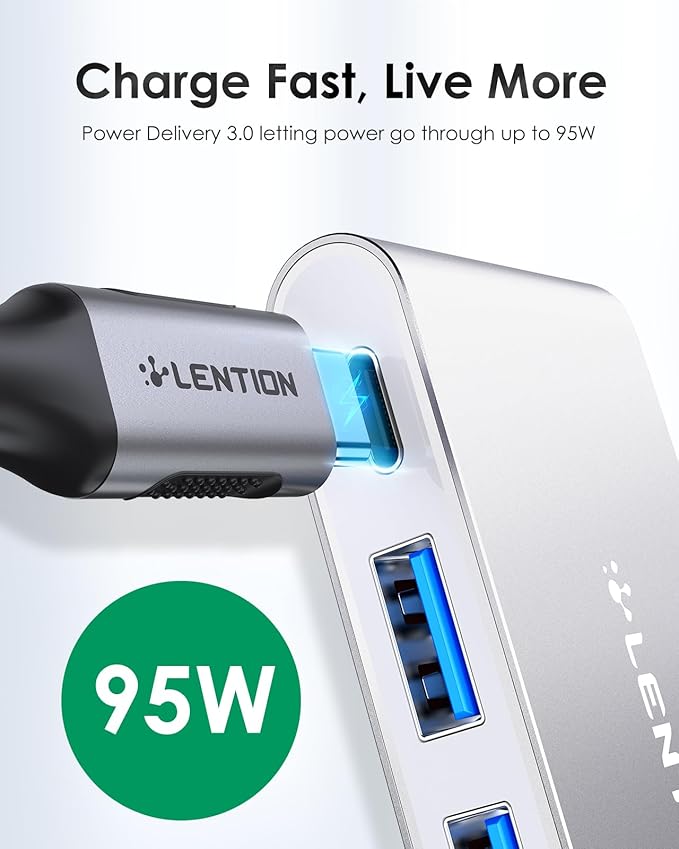 LENTION USB C Hub 4-in-1 with 100W PD, Type-C Multiport Adapter for 2016-2026 MacBook Pro/Air(M1-M5), iPad, Surface, ChromeBook, More, Aluminum Travel Hub for iPhone 15-17 (C13, Silver)